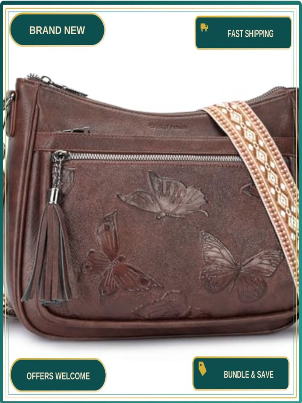 Vegan Leather Crossbody Bag Butterfly Embossed Women's Purse